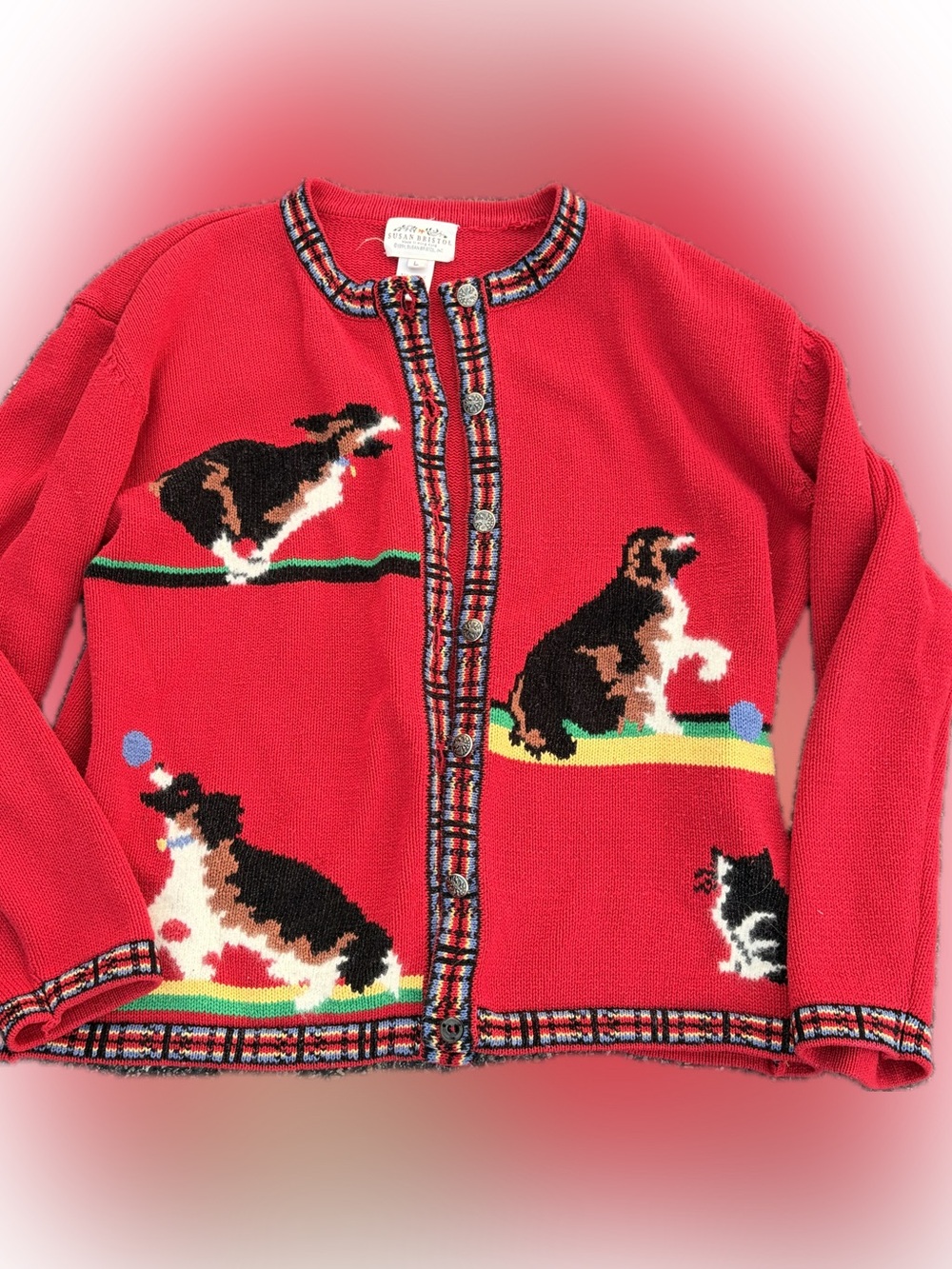 VINTAGE 1991 Susan Bristol Dog Cat Cardigan Sweater L Novelty Cottagecore - Picture 2 of 4